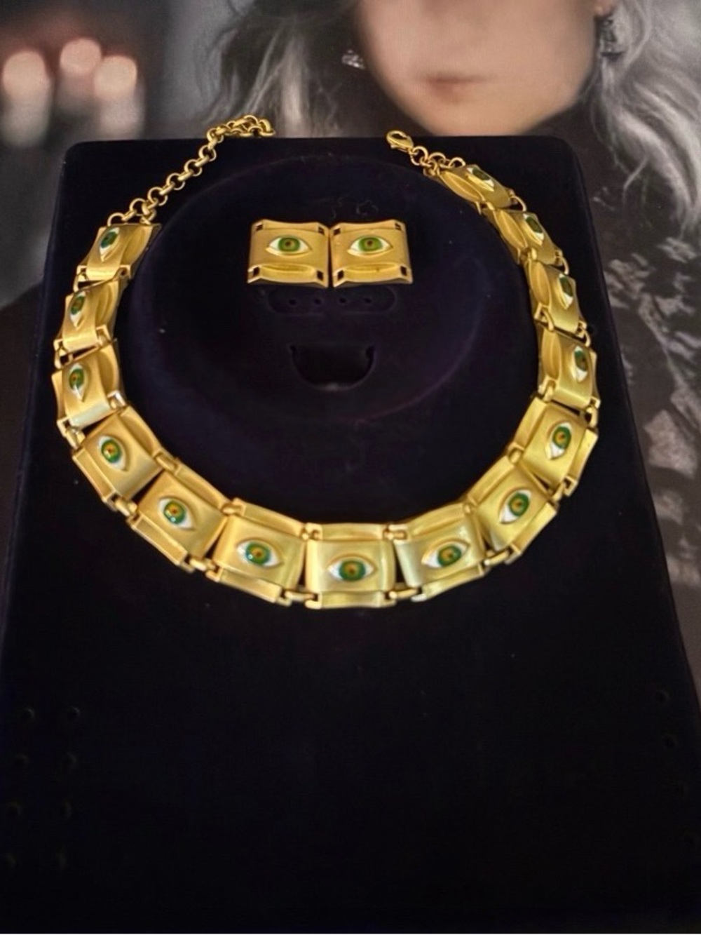 Gold-Tone Green Eye Statement Necklace and Matching Stud Earrings Set #86